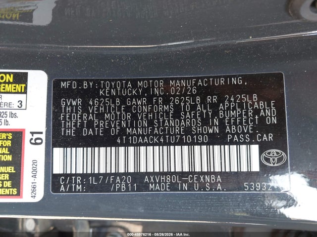 Продаж на аукціоні авто 2026 Toyota Camry Le, vin: 4T1DAACK4TU710190, номер лоту: 45976216