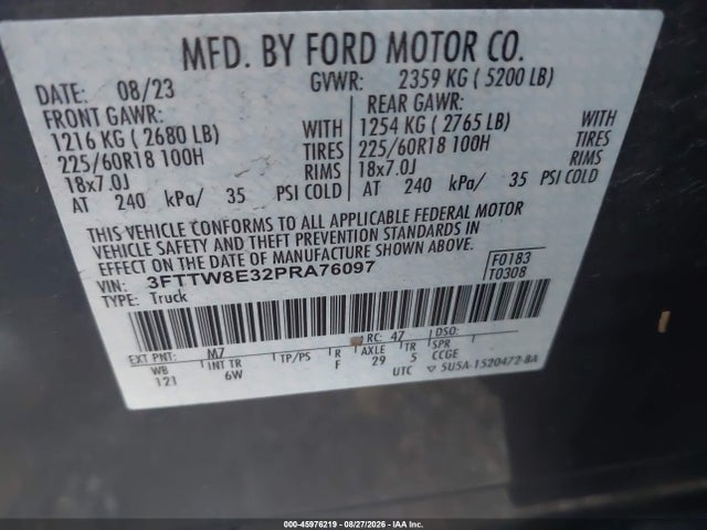 2023 Ford Maverick Lariat მანქანა იყიდება აუქციონზე, vin: 3FTTW8E32PRA76097, აუქციონის ნომერი: 45976219