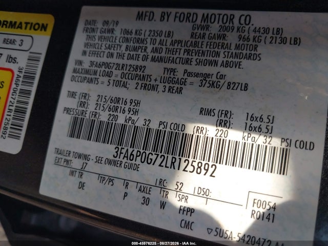 Aukcja sprzedaży 2020 Ford Fusion S, vin: 3FA6P0G72LR125892, numer aukcji: 45976225