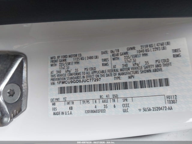 45976229 :رقم المزاد ، 1FMCU9GD0JUC77297 vin ، 2018 Ford Escape Se مزاد بيع