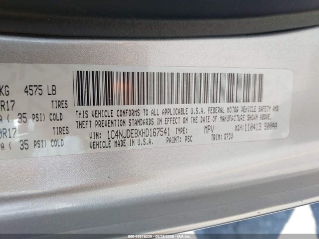 2017 Jeep Compass Latitude მანქანა იყიდება აუქციონზე, vin: 1C4NJDEBXHD167541, აუქციონის ნომერი: 45976230