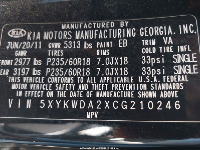 Aukcja sprzedaży 2012 Kia Sorento Sx V6, vin: 5XYKWDA2XCG210246, numer aukcji: 45976236
