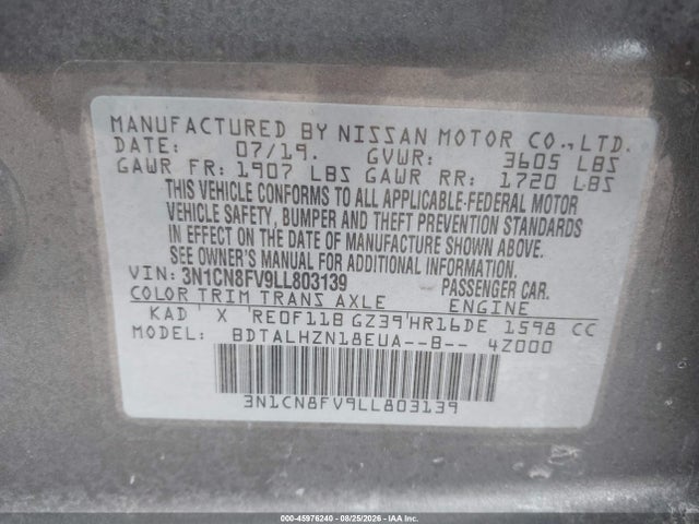 45976240 :رقم المزاد ، 3N1CN8FV9LL803139 vin ، 2020 Nissan Versa Sr Xtronic Cvt مزاد بيع