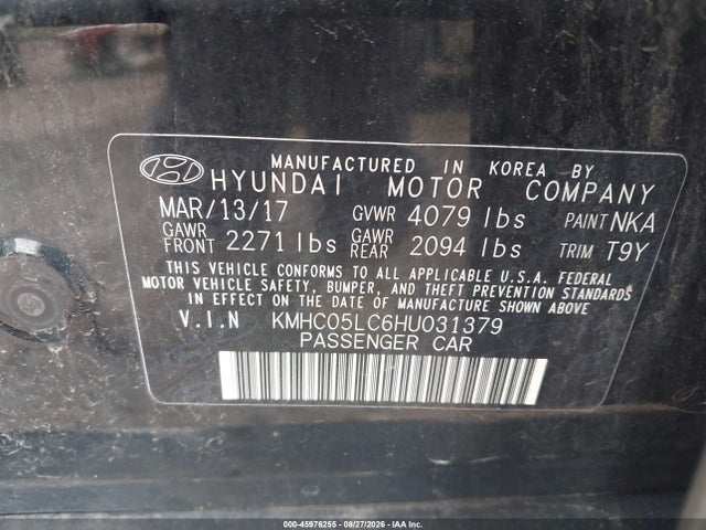 2017 Hyundai Ioniq Hybrid Limited მანქანა იყიდება აუქციონზე, vin: KMHC05LC6HU031379, აუქციონის ნომერი: 45976255