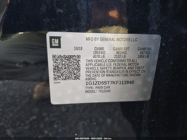 Продаж на аукціоні авто 2019 Chevrolet Malibu Lt, vin: 1G1ZD5ST7KF113940, номер лоту: 45976259