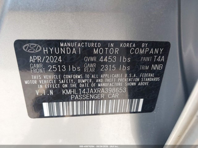 Aukcja sprzedaży 2024 Hyundai Sonata Sel, vin: KMHL14JAXRA398653, numer aukcji: 45976264