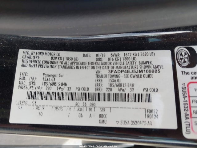 2018 Ford Fiesta Se მანქანა იყიდება აუქციონზე, vin: 3FADP4EJ5JM109905, აუქციონის ნომერი: 45976266