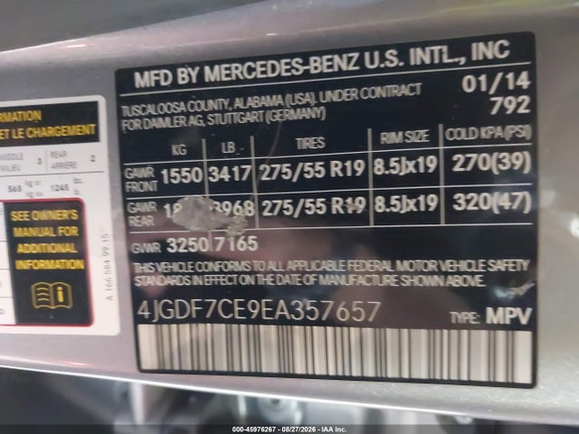 45976267 :رقم المزاد ، 4JGDF7CE9EA357657 vin ، 2014 Mercedes-benz Gl 450 4matic مزاد بيع
