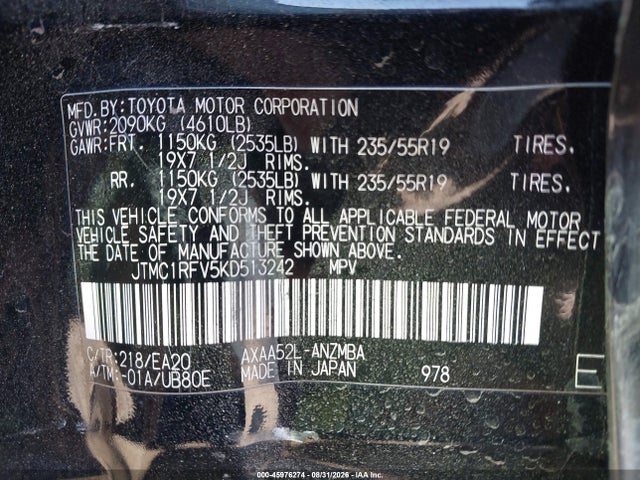 45976274 :رقم المزاد ، JTMC1RFV5KD513242 vin ، 2019 Toyota Rav4 Xle Premium مزاد بيع