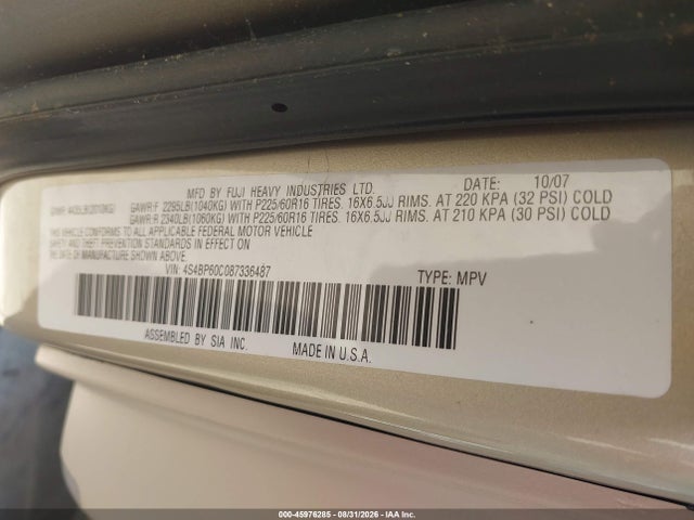 45976285 :رقم المزاد ، 4S4BP60C087336487 vin ، 2008 Subaru Outback مزاد بيع