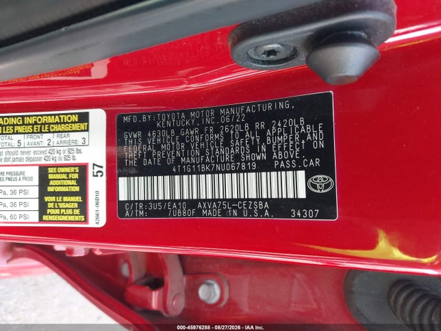 Продаж на аукціоні авто 2022 Toyota Camry Se Awd, vin: 4T1G11BK7NU067819, номер лоту: 45976288