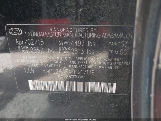Aukcja sprzedaży 2015 Hyundai Sonata Se, vin: 5NPE24AF4FH217119, numer aukcji: 45976293