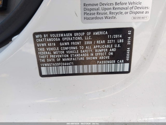 Volkswagen Passat 1.8t Se 2015 1VWBS7A33FC044471 Image 9