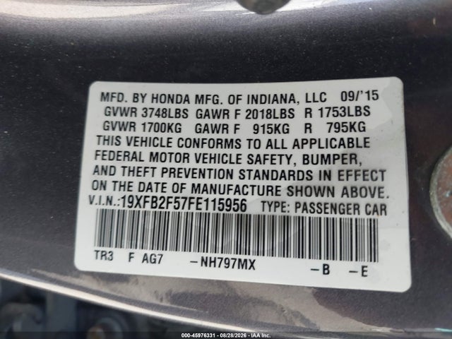 Aukcja sprzedaży 2015 Honda Civic Lx, vin: 19XFB2F57FE115956, numer aukcji: 45976331