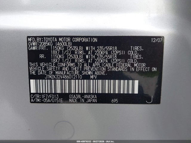 45976332 :رقم المزاد ، JTMZK32V486012110 vin ، 2008 Toyota Rav4 Sport مزاد بيع