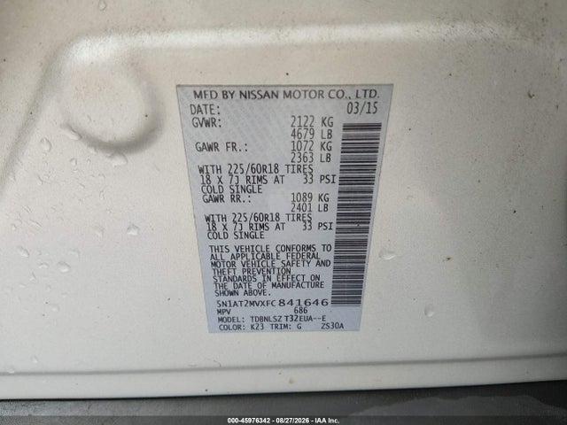 Aukcja sprzedaży 2015 Nissan Rogue Sl, vin: 5N1AT2MVXFC841646, numer aukcji: 45976342