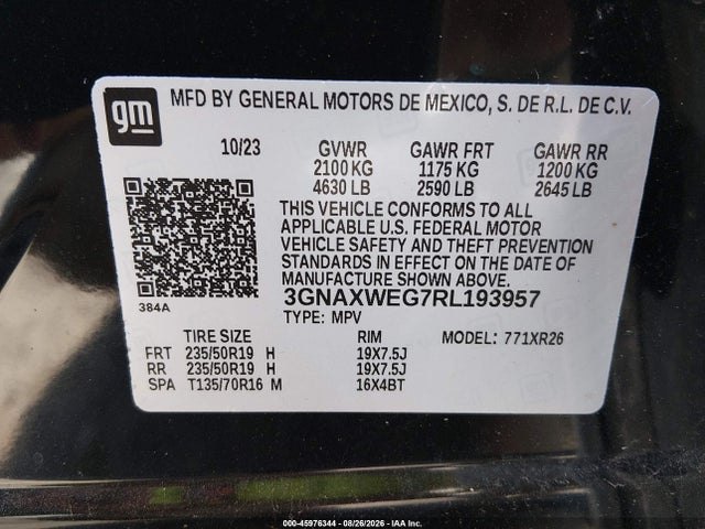 45976344 :رقم المزاد ، 3GNAXWEG7RL193957 vin ، 2024 Chevrolet Equinox Awd Rs مزاد بيع