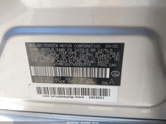 45976351 :رقم المزاد ، JTHBE262765000974 vin ، 2006 Lexus Is 350 مزاد بيع