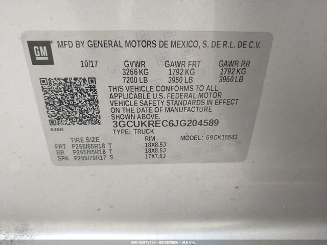 Продажа на аукционе авто 2018 Chevrolet Silverado 1500 1lt, vin: 3GCUKREC6JG204589, номер лота: 45976354