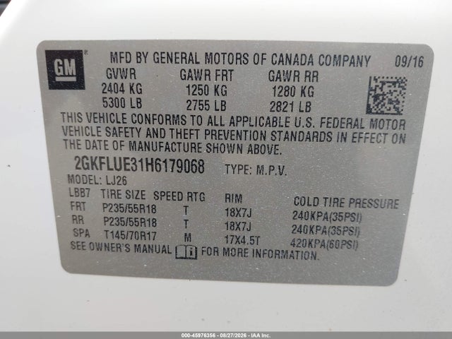 Aukcja sprzedaży 2017 Gmc Terrain Slt, vin: 2GKFLUE31H6179068, numer aukcji: 45976356