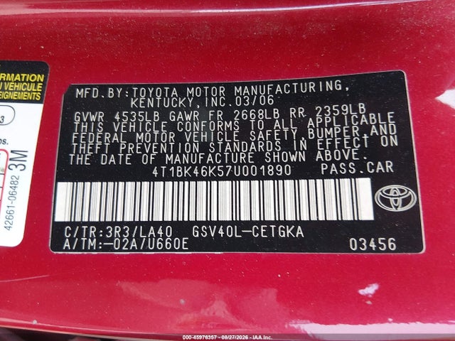 Продажа на аукционе авто 2007 Toyota Camry Xle V6, vin: 4T1BK46K57U001890, номер лота: 45976357