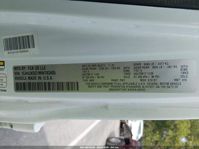 45976359 :رقم المزاد ، 1C4HJXDG1MW763485 vin ، 2021 Jeep Wrangler Unlimited Sport S 4x4 مزاد بيع