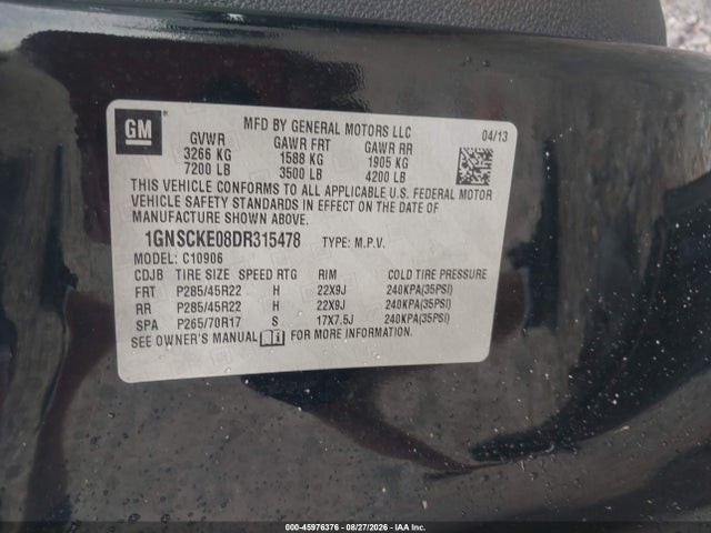 2013 Chevrolet Suburban 1500 Ltz მანქანა იყიდება აუქციონზე, vin: 1GNSCKE08DR315478, აუქციონის ნომერი: 45976376