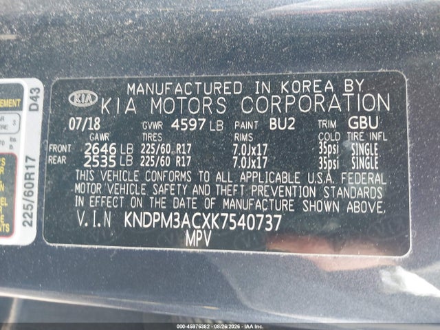 45976382 :رقم المزاد ، KNDPM3ACXK7540737 vin ، 2019 Kia Sportage Lx مزاد بيع