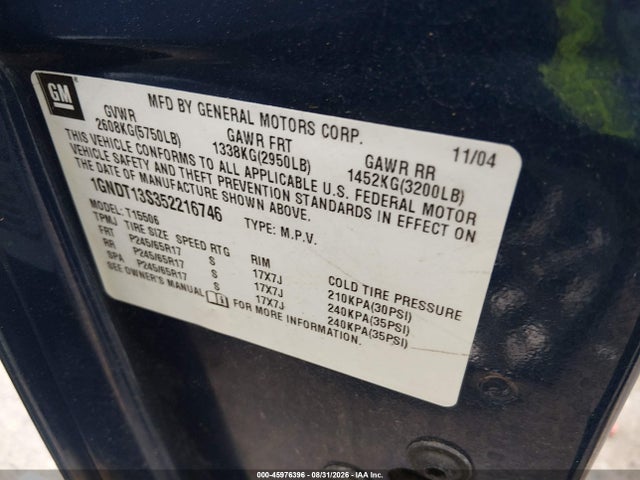 Aukcja sprzedaży 2005 Chevrolet Trailblazer Ls, vin: 1GNDT13S352216746, numer aukcji: 45976396
