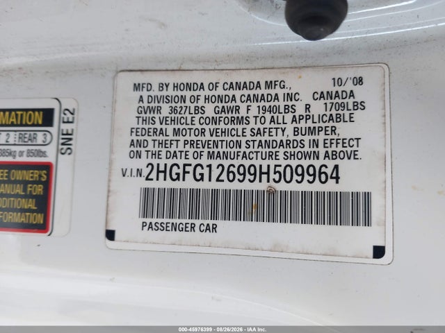Aukcja sprzedaży 2009 Honda Civic Lx, vin: 2HGFG12699H509964, numer aukcji: 45976399