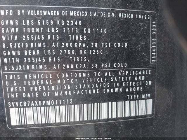 45976404 :رقم المزاد ، 3VVCB7AX5PM011113 vin ، 2023 Volkswagen Tiguan 2.0t Se R-line Black مزاد بيع