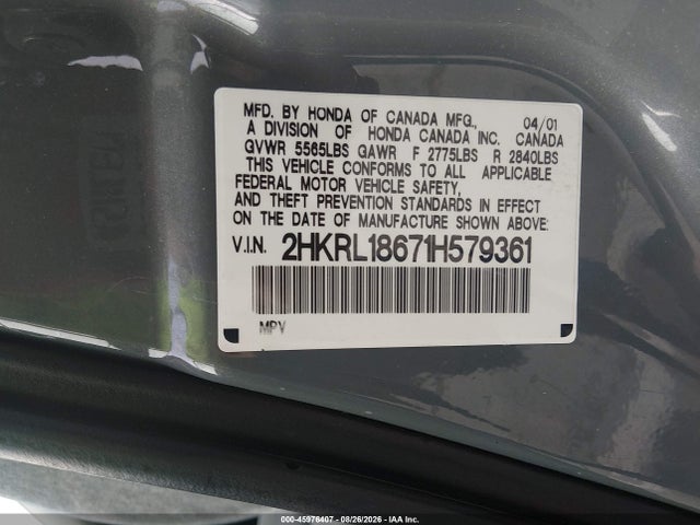 Продажа на аукционе авто 2001 Honda Odyssey Ex, vin: 2HKRL18671H579361, номер лота: 45976407