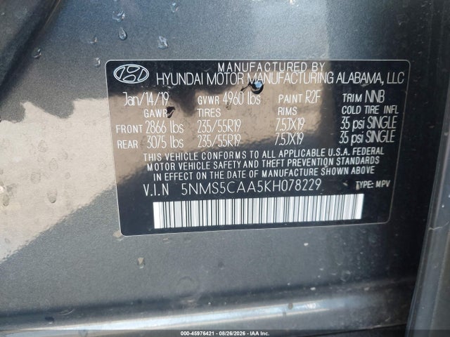 45976421 :رقم المزاد ، 5NMS5CAA5KH078229 vin ، 2019 Hyundai Santa Fe Limited 2.0t مزاد بيع