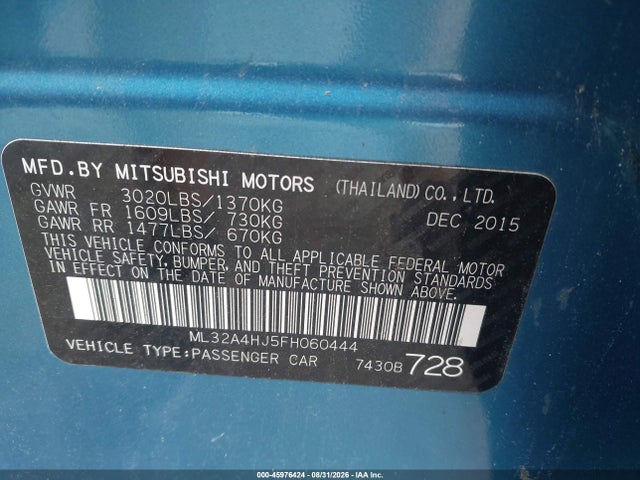Aukcja sprzedaży 2015 Mitsubishi Mirage Es, vin: ML32A4HJ5FH060444, numer aukcji: 45976424