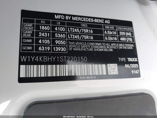 45976425 :رقم المزاد ، W1Y4KBHY1ST220150 vin ، 2025 Mercedes-benz Sprinter 2500 Standard Roof 4-cyl Diesel مزاد بيع