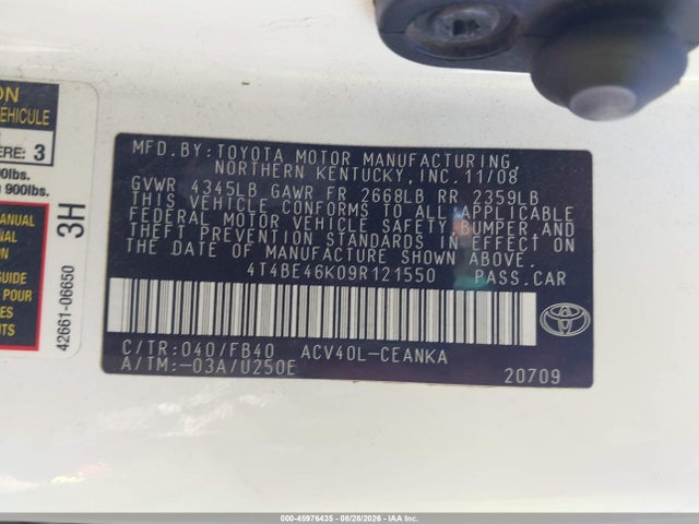 2009 Toyota Camry Le მანქანა იყიდება აუქციონზე, vin: 4T4BE46K09R121550, აუქციონის ნომერი: 45976435