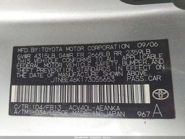 Aukcja sprzedaży 2007 Toyota Camry Le, vin: JTNBE46K173055653, numer aukcji: 45976442