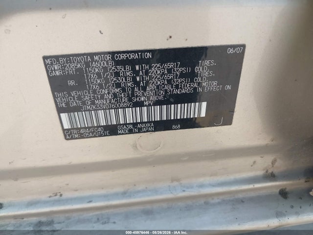 45976446 :رقم المزاد ، JTMZK33V076008892 vin ، 2007 Toyota Rav4 Base V6 (a5) مزاد بيع