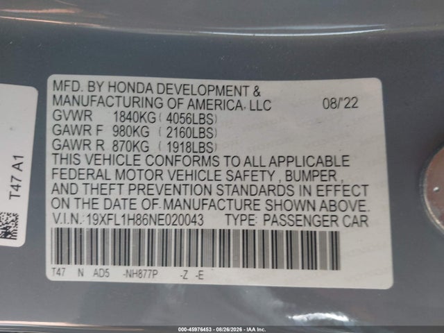 Aukcja sprzedaży 2022 Honda Civic Sport Touring, vin: 19XFL1H86NE020043, numer aukcji: 45976453