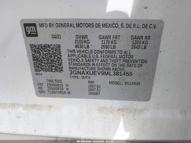 Продажа на аукционе авто 2021 Chevrolet Equinox Awd Lt, vin: 3GNAXUEV9ML381455, номер лота: 45976456