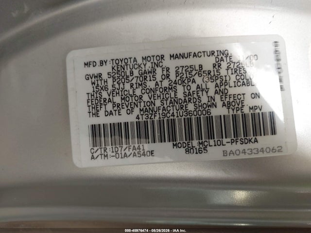 2001 Toyota Sienna Ce მანქანა იყიდება აუქციონზე, vin: 4T3ZF19C41U360006, აუქციონის ნომერი: 45976474