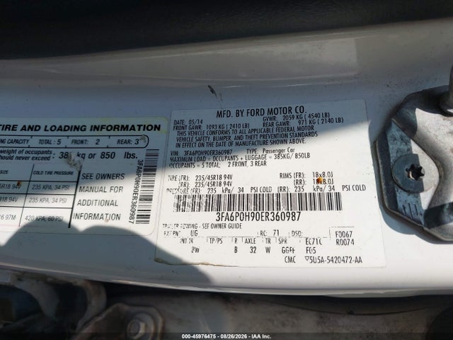 Продажа на аукционе авто 2014 Ford Fusion Se, vin: 3FA6P0H90ER360987, номер лота: 45976475