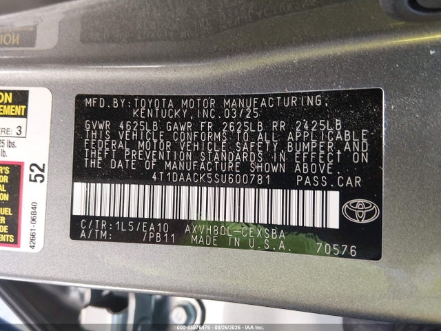 Продажа на аукционе авто 2025 Toyota Camry Se, vin: 4T1DAACK5SU600781, номер лота: 45976476