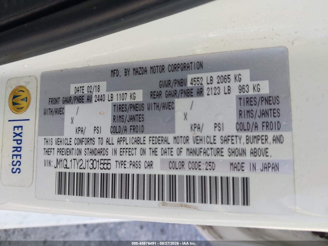 Aukcja sprzedaży 2018 Mazda Mazda6 Grand Touring, vin: JM1GL1TY2J1301555, numer aukcji: 45976491