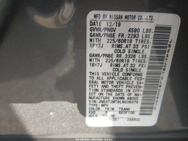 45976492 :رقم المزاد ، JN8AT2MT9LW036075 vin ، 2020 Nissan Rogue Sv Fwd مزاد بيع