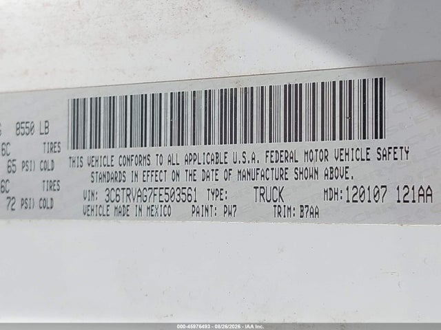 45976493 :رقم المزاد ، 3C6TRVAG7FE503561 vin ، 2015 Ram Promaster 1500 Low Roof مزاد بيع