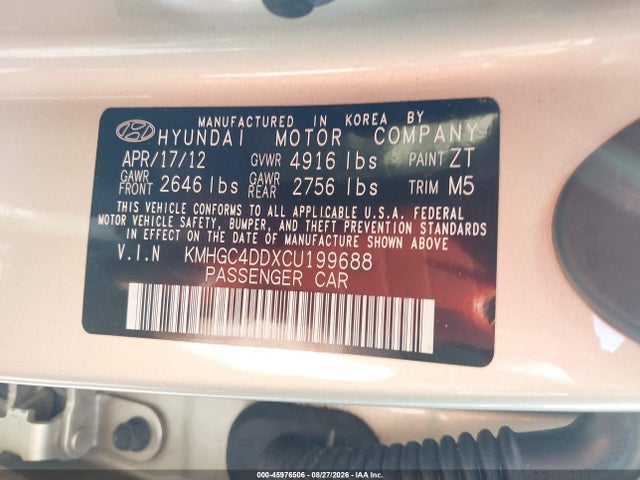 2012 Hyundai Genesis 3.8 მანქანა იყიდება აუქციონზე, vin: KMHGC4DDXCU199688, აუქციონის ნომერი: 45976506