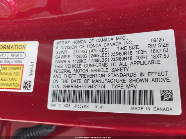 45976509 :رقم المزاد ، 2HKRS4H75TH431774 vin ، 2026 Honda Cr-v Ex-l Awd مزاد بيع