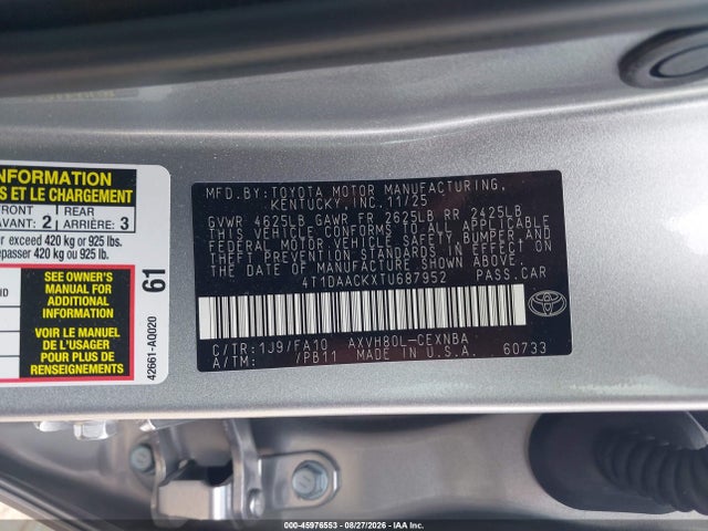 2026 Toyota Camry Le მანქანა იყიდება აუქციონზე, vin: 4T1DAACKXTU687952, აუქციონის ნომერი: 45976553