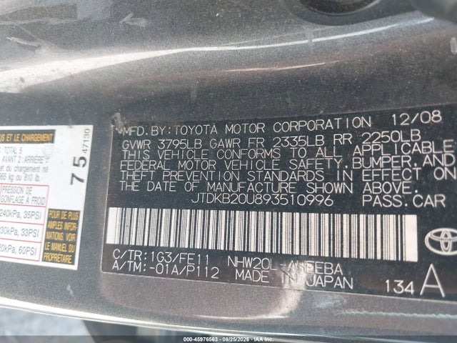 Aukcja sprzedaży 2009 Toyota Prius, vin: JTDKB20U893510996, numer aukcji: 45976563